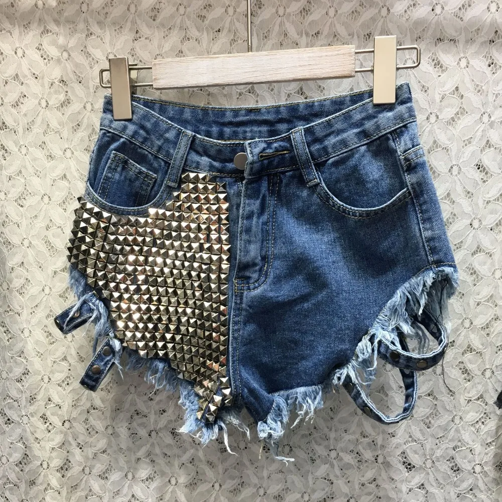 Женские шорты с заклепками джинсовые высокой талией KZ0314 4 2019|Женские шорты| |