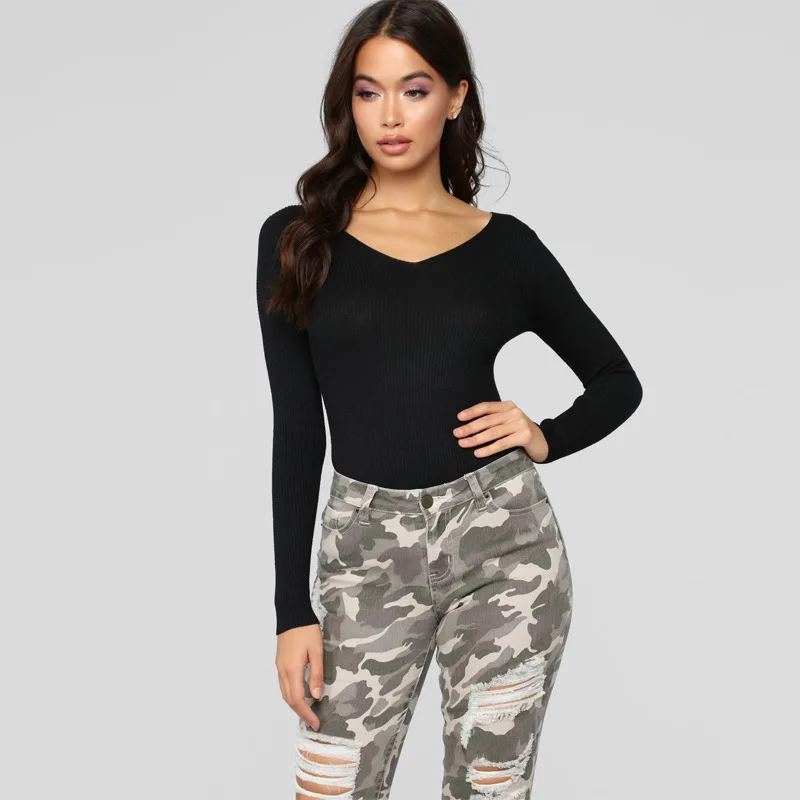 Женское боди с v образным вырезом и длинным рукавом сексуальная водолазка 2018