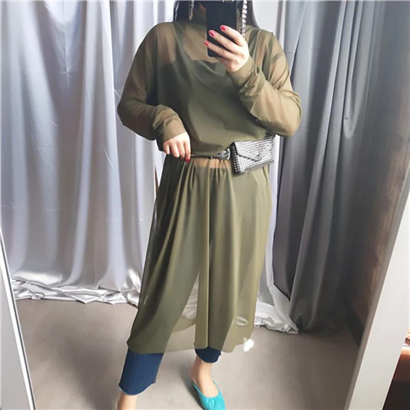 [EAM] New Autumn Winter High Collar Long Sleeve Black Mesh Perspective Colorful Long Big Size Dress Women Fashion JU790