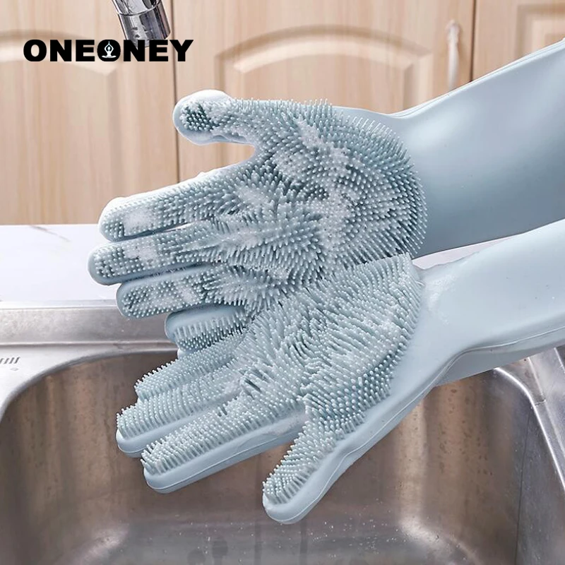Oneoney 1 пара перчатки для мытья посуды силиконовая щетка кухонная бытовая