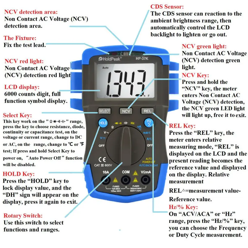 HoldPeak HP-37K Авто Диапазон Цифровой мультиметр Сопротивление Емкость Частота Testeur