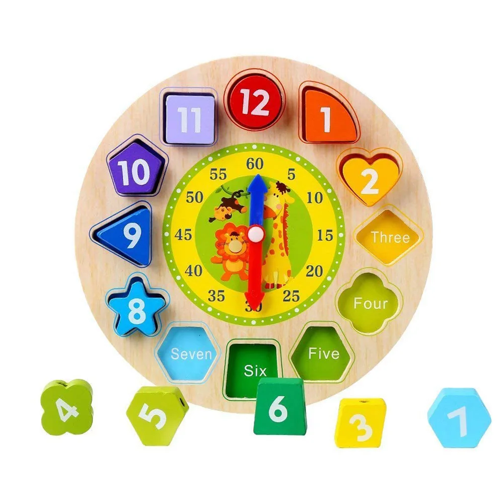 

1 Pcs Clock Toy Numbers Shapes Sorting Blocks Wooden Educational for Children Kids M09