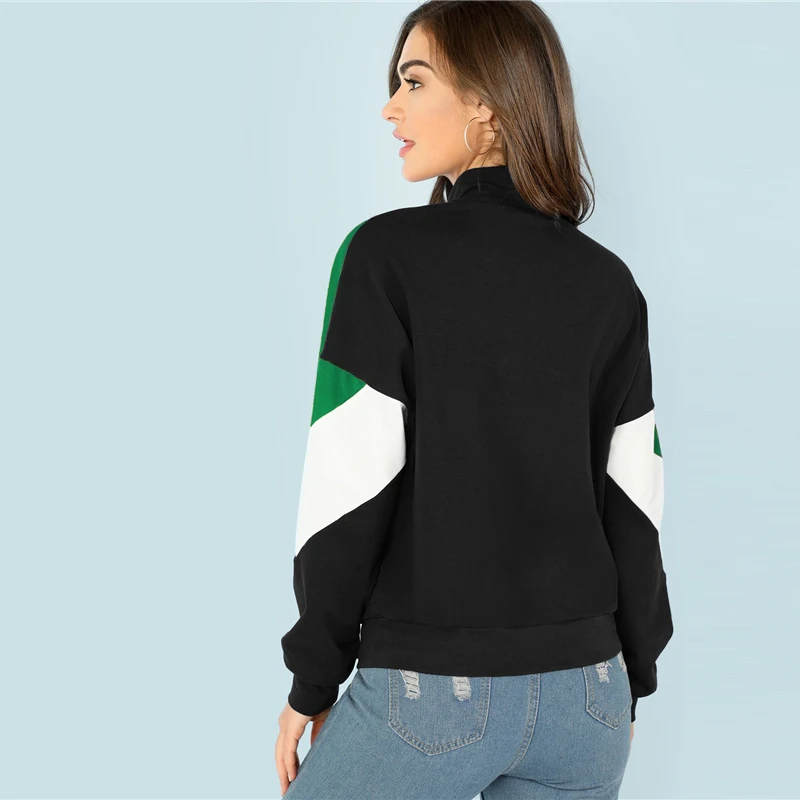 SHEIN Вырезать Шить Свитшот На Молнии Многоцветная Элегантная Толстовка Осенние Женские Кофты С Длинными Рукавами