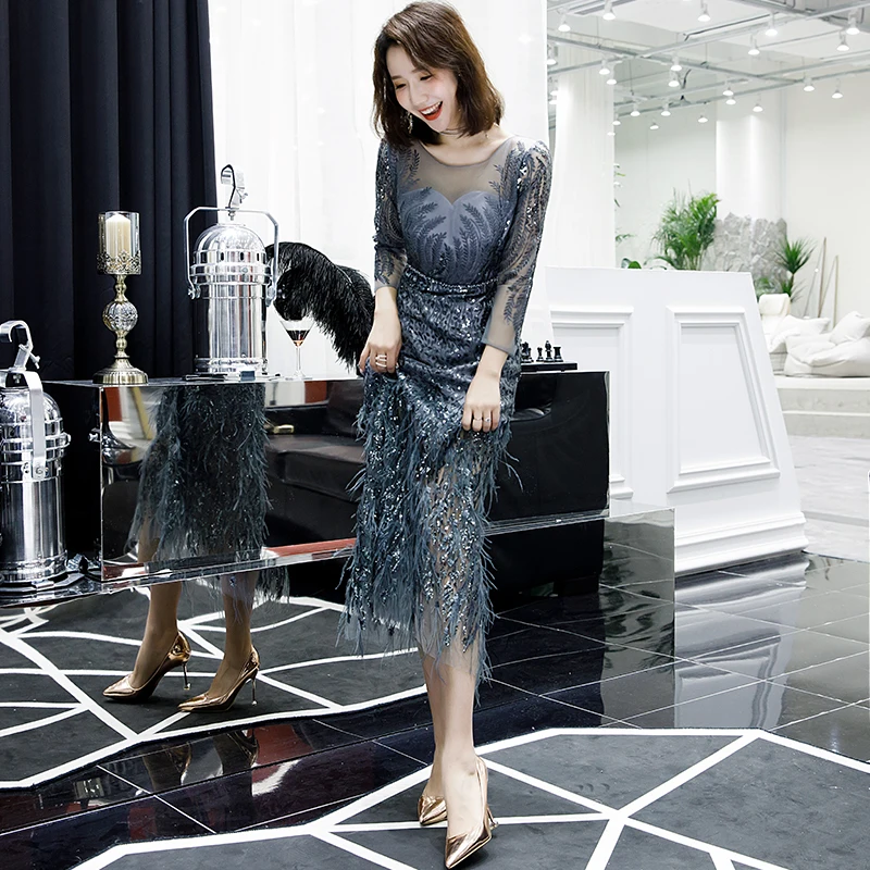 Женское длинное коктейльное платье JaneVini с круглым вырезом и длинными рукавами 3/4