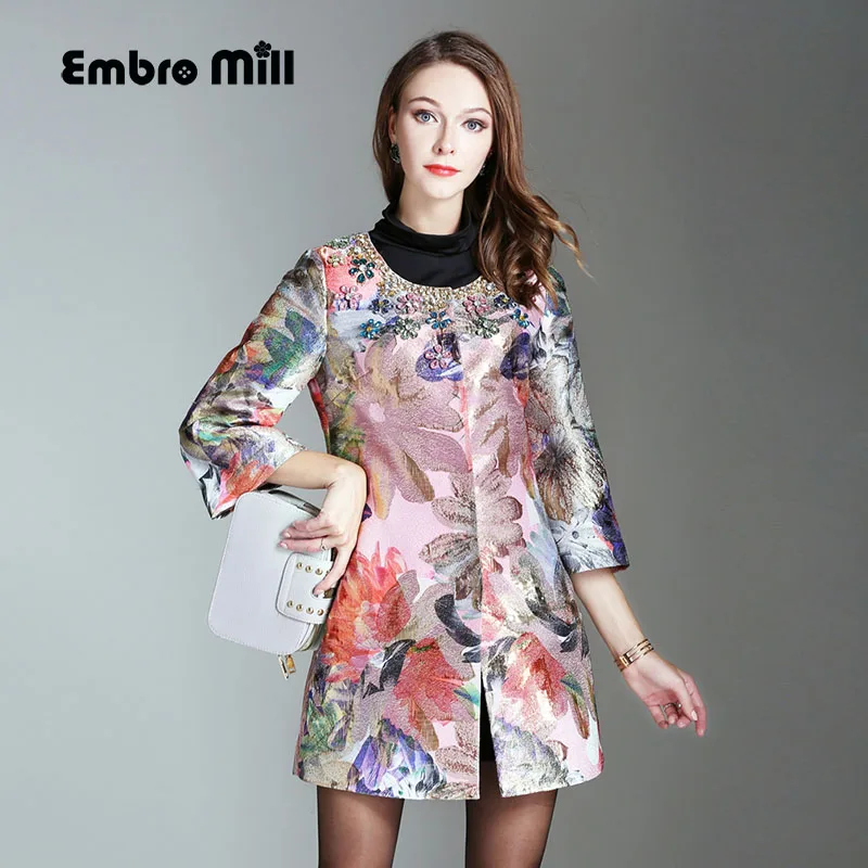 Винтажная Цветочная зимняя верхняя одежда с бусинами женская круглым вырезом 3/4