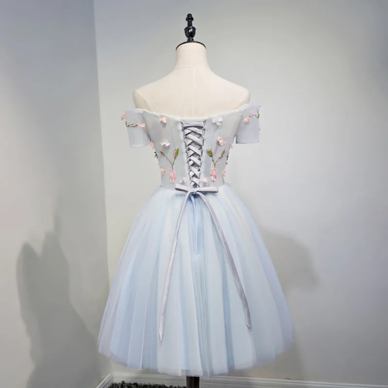 С открытыми плечами Короткие Цветы Аппликации Синий Тюль коктейльные платья на