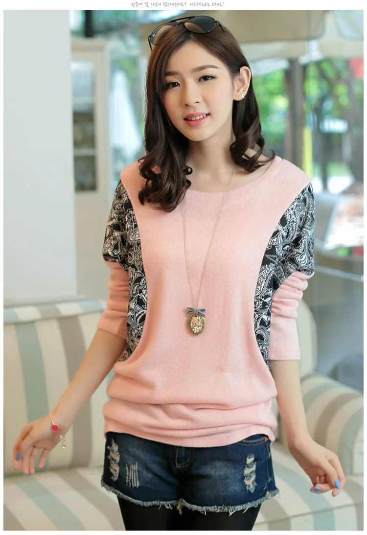 2016 новый Большой размер футболки зиму Batwing трикотажные женщины печать свободного