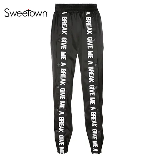 Sweetown панк готика черные женские мешковатые штаны ленты Лоскутная Кнопка Сплит хиппи Эластичная Высокая талия повседневные штаны осень - Color: as picture