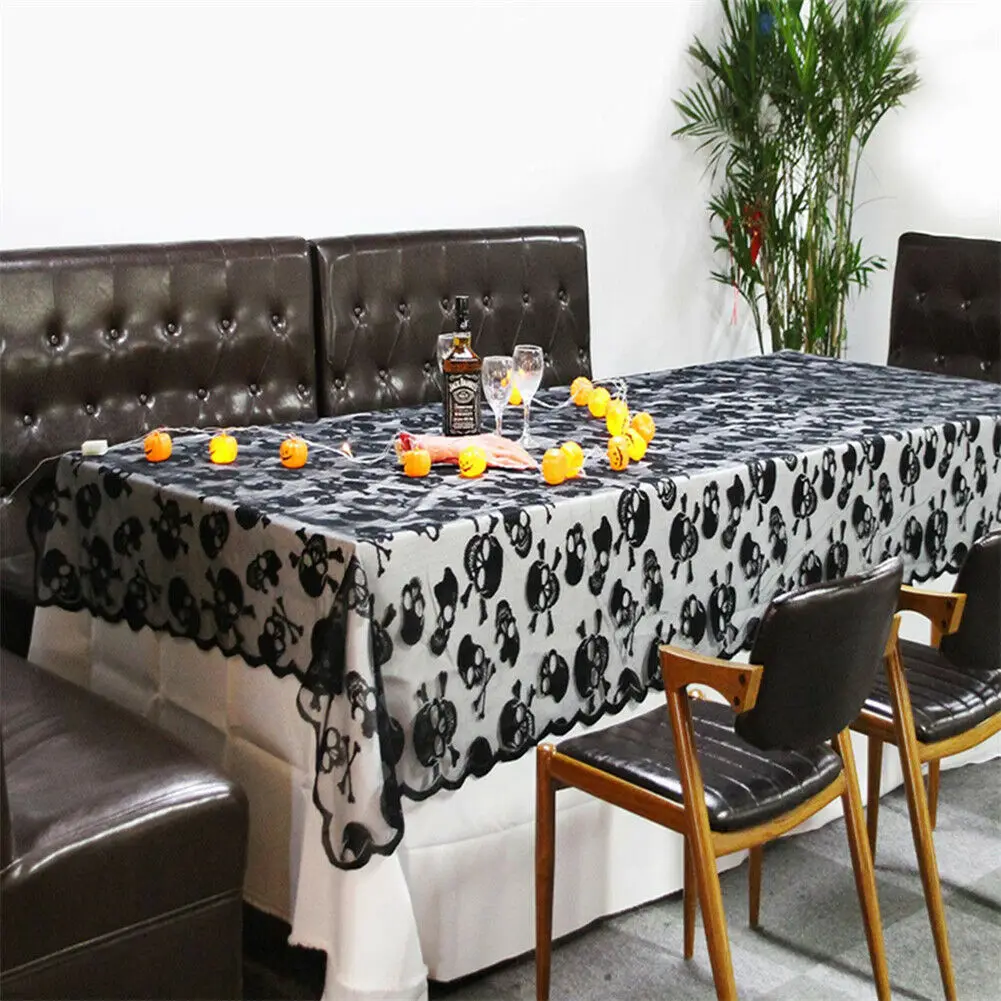 Кружевная скатерть на стол Хэллоуин черная в виде черепа и летучей мыши чехол для стола украшение вечеринки
