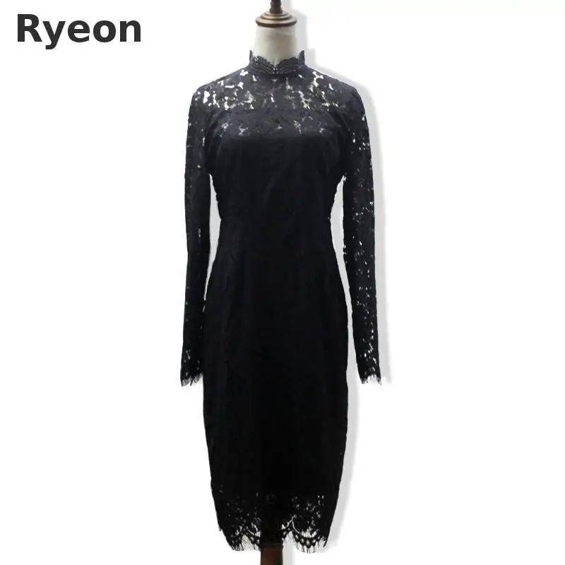 Ryeon 5XL Дамы Элегантный Черный Плюс Размер Весна Dress женская Одежда Офис Кружева