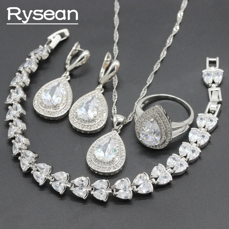 925 Silver Bridal Jewelry Sets Water Drop White Zirconia For Women Wedding Necklace Pendant Bracelet Ring Earrings Rysean | Украшения и
