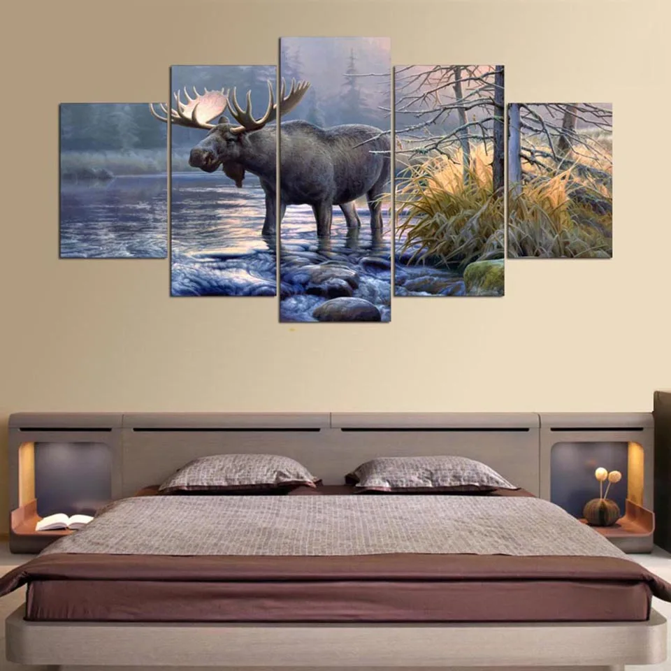 Wall Art рама холст Гостиная абстрактные 5 Панель лося животных озеро пейзаж картины