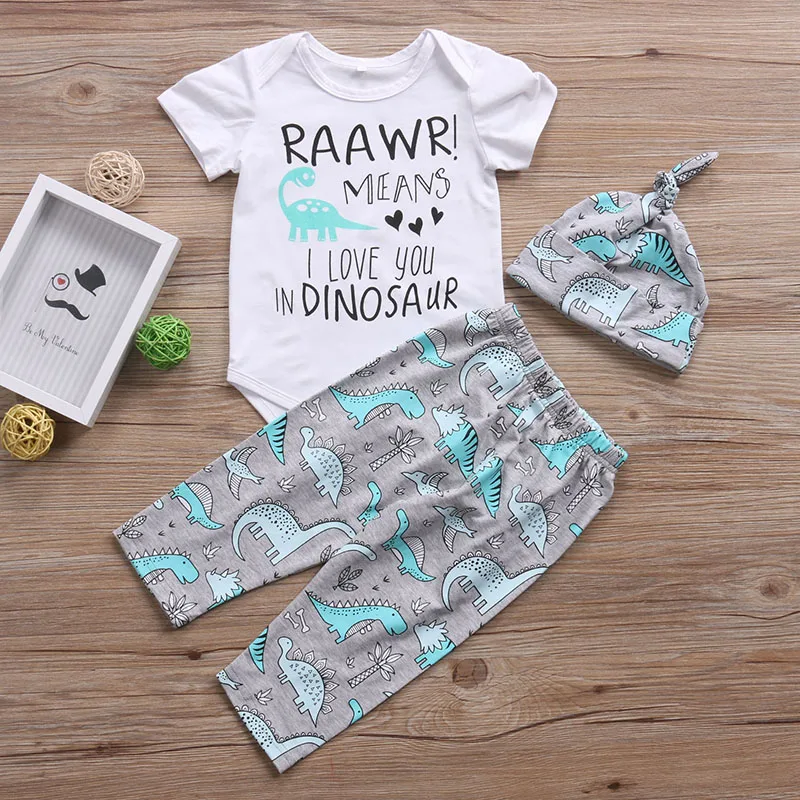 Baby Clothing Set 2019 Summer Short Sleeves Cotton Romper+Dinosaur printed Pants+Hat 3 Pieces Infant Boy Girl Clothes Outfits