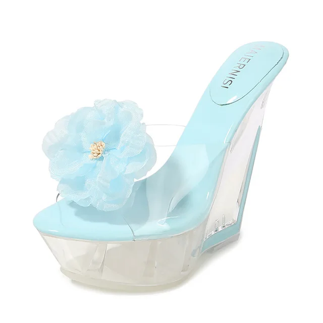 

Female Slippers Summer Wedge Heel Slippers Muffin Thick Bottom Flower Ladies Shoes Pumps Flip Flops Peep Toes Mules Beach Shoes