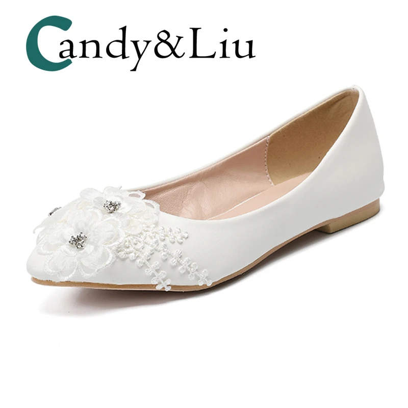 

White Lace Flowers Flats Silver Crystal Leather Women Shoes Slip-on Pointed Toe for Wedding Bridesmaid Girls Lady Party Dance