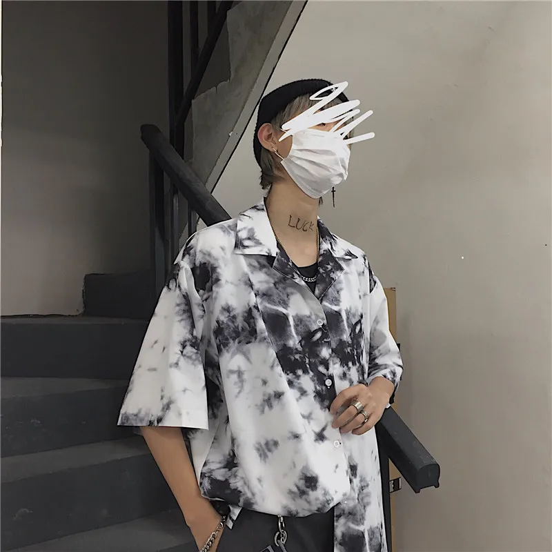 Tie Dye, Ретро стиль, хиппи, с принтом, короткий рукав, v-образный вырез, отложной, свободная блузка, летняя, Harajuku, уличная, Корейская, женская рубашка, топ, блуза