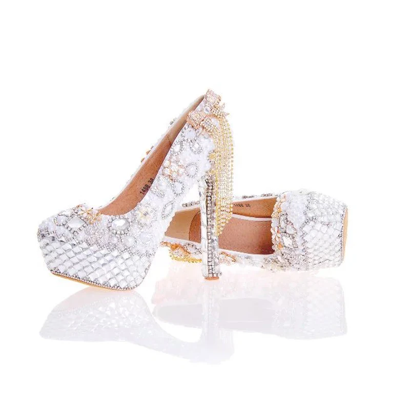 New Arrival Women High Heel Shoes White Pearl and Crystal Wedding Dress with Bow Tassel Rhinestone Prom Party Pumps | Обувь