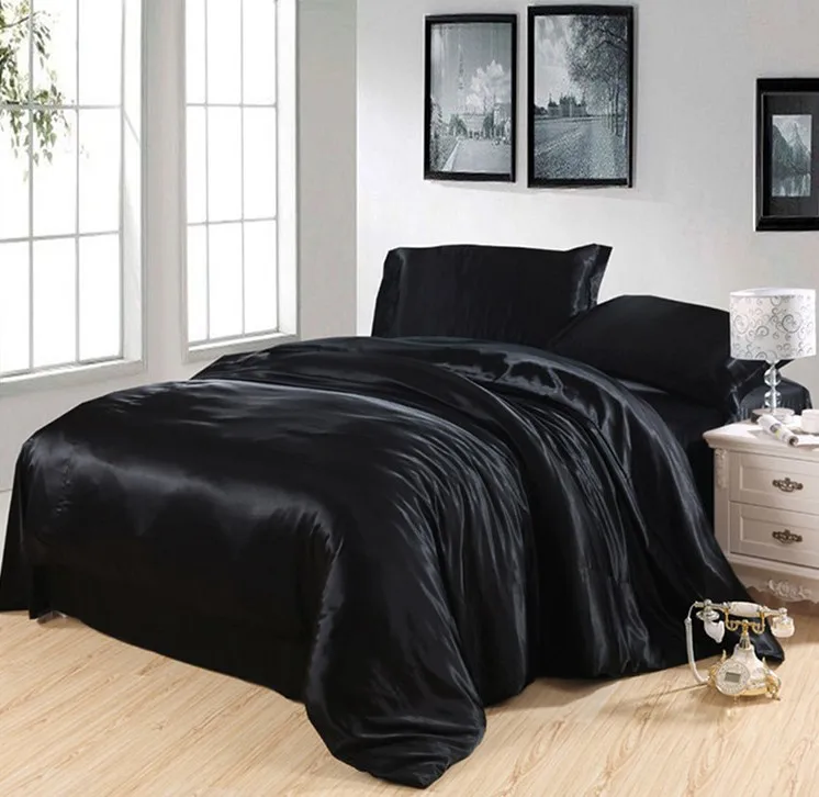 Black Silk bedding Темно-синий комплект постельного белья из шелкового атласа, California King size, queen, постельные простыни, пододеяльник, двойное покрывало doona, 4 шт., 6 шт - Цвет: Black Silk bedding