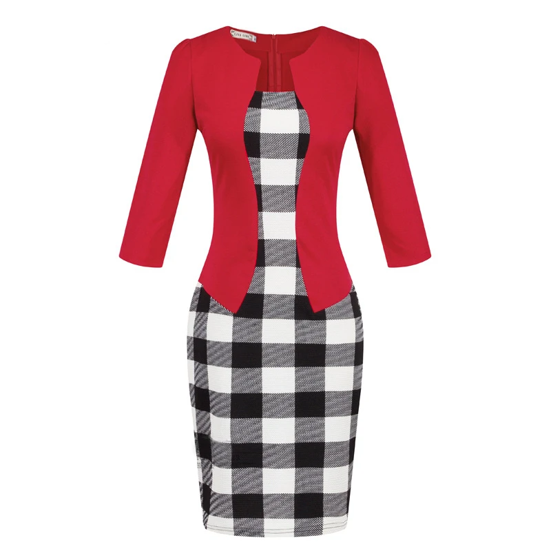 PlaidRed Европейские платья, новое клетчатое платье с рукавами, поддельная деловая одежда, посылка, платье-карандаш, платье с поясом, vestidos LH708 - Цвет: PlaidRed
