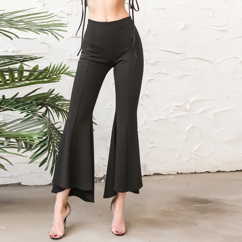 Женские брюки клеш с высокой талией эластичные расклешенные до щиколотки лето