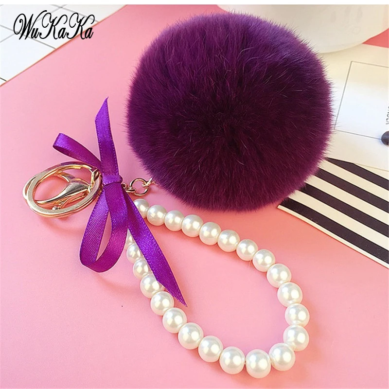 Женский брелок с жемчугом и помпоном из натурального кроличьего меха|bag keychain|brand