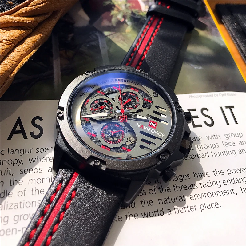 Часы наручные Naviforce мужские с кожаным ремешком модные многофункциональные
