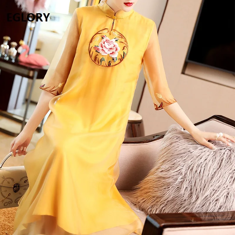 

Top Quality Brand Chinsese Style Dress Women Luxurious Embroidery 3/4 Sleeve Mid-Calf Length White Yellow Dress Plus Size XXL