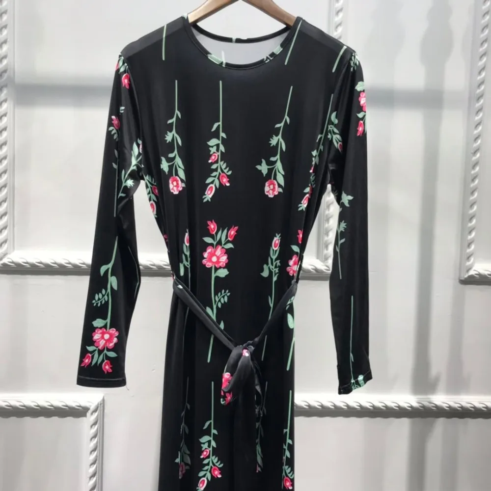 

Ladies' Long Dresses Rose Print Lace Long Sleeve Big Pendulum Dress Casual Muslim Style Women Dress Summer Robe Lady Dresses
