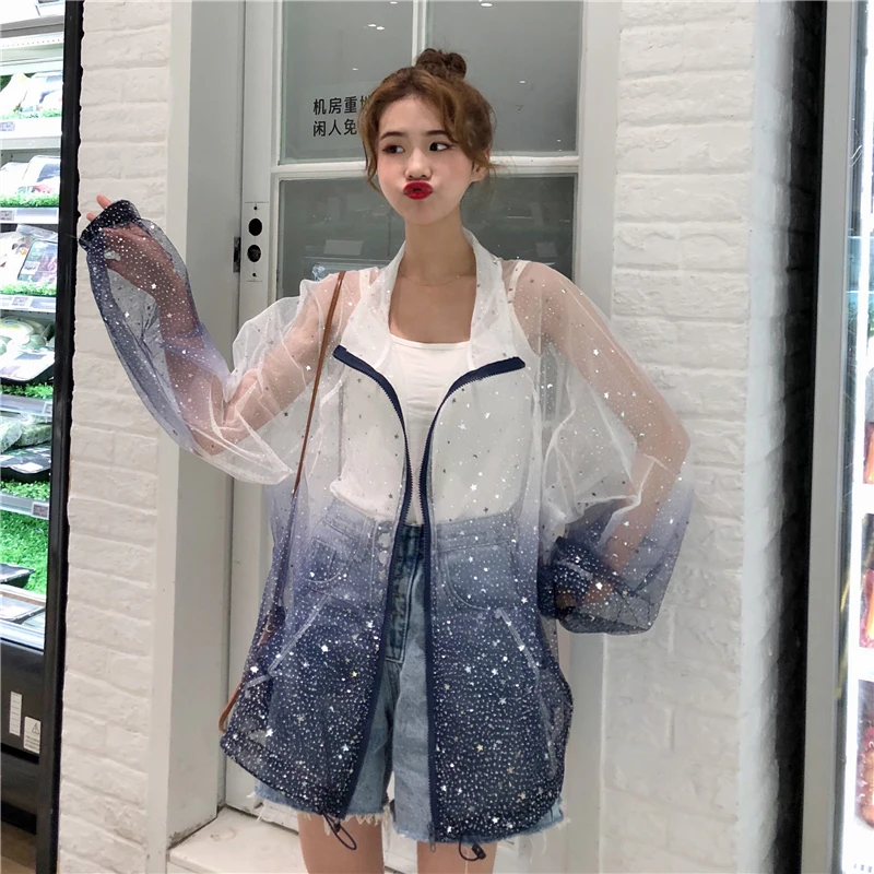 Harajuku солнцезащитное пальто, градиентная Женская куртка с блестками, женская тонкая куртка размера плюс, Женское пальто с длинным рукавом, прозрачная куртка