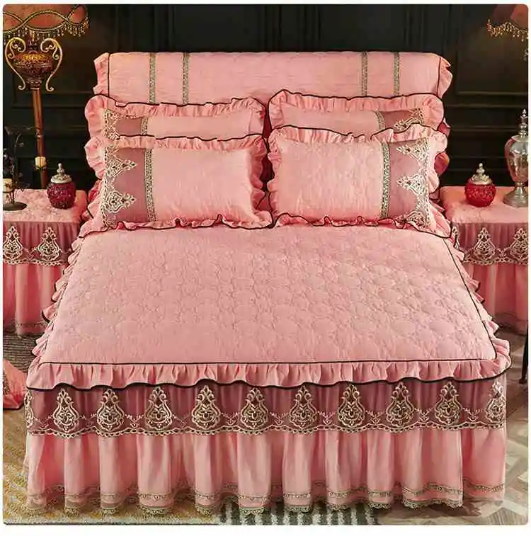 light pink Бежевый, розовый, корейский кружевной постельный комплект принцессы, 1/3 предмета, теплое толстое покрывало; простыня, однотонный матрац для кровати для девочек - Цвет: light pink