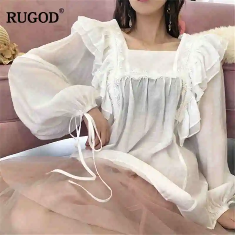 RUGOD/2019 элегантные женские блузки с рукавами-фонариками белые в Корейском стиле
