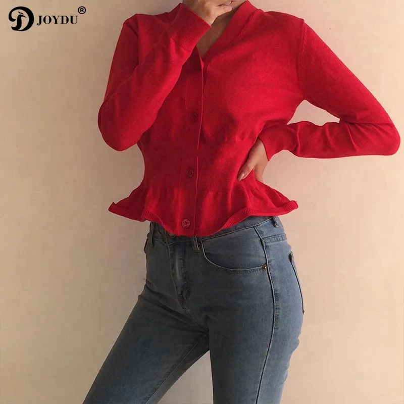 JOYDU Korean Fashion Cardigan Sweater Female 2019 New Elegant Lady V-neck High Waist Ruffles Knitted Top Sweaters for Women |