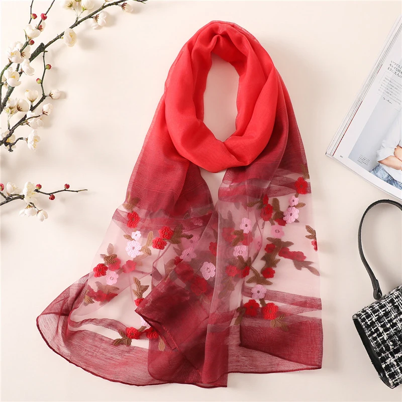 

Designer 2019 Brand Silk Scarf for Ladies Floral Shawls and Wraps Pashmina Hollow Foulard Echarpe Organza Scarves Stoles Bandana
