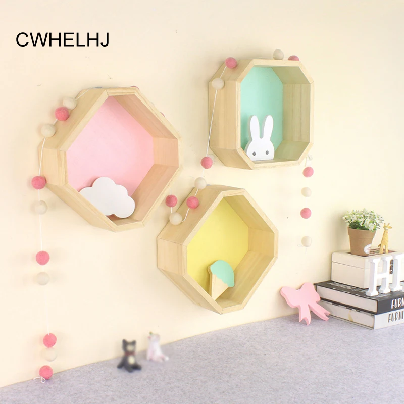 Декоративные стеллажи для детской комнаты деревянные Восьмиугольные настенные