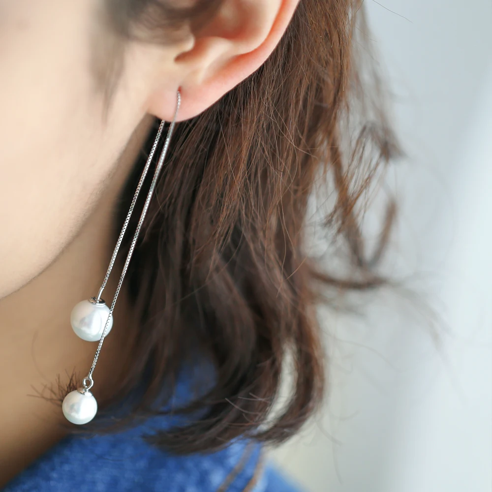 

New Trendy Fairy Simulated Pearl Women Long Earrings White Round Pearl Wedding Pendant Earrings Korean Fashion Jewelry SterlingS
