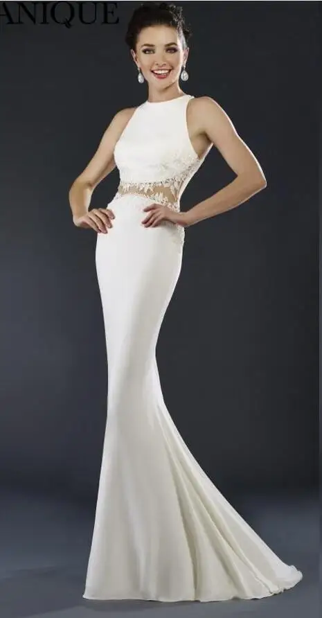 2017 Белый Аппликация Платья Вечерние Jewel Рукавов Иллюзия Вернуться Русалка Этаж