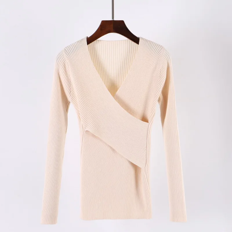 ONLYSVTER Sexy V Neck Wrap Women Pullover Sweaters Autumn Winter Long Sleeve Soft Casual Jumper Ribbed Knitted Pull Top Femme