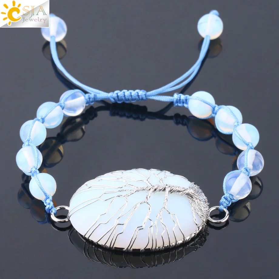 Opal CSJA натуральные камни Wire wrap браслеты Тигровый глаз розовый кварц большой шарик Древо жизни плетение веревки браслет Рэйки для женщин мужчин F751 - Окраска металла: Opal