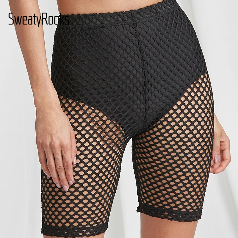 SweatyRocks, черные, высокая посадка, сетчатые, короткие леггинсы, длина по колено, штаны, модные, женские, спортивные штаны, для спорта, тренировки, леггинсы
