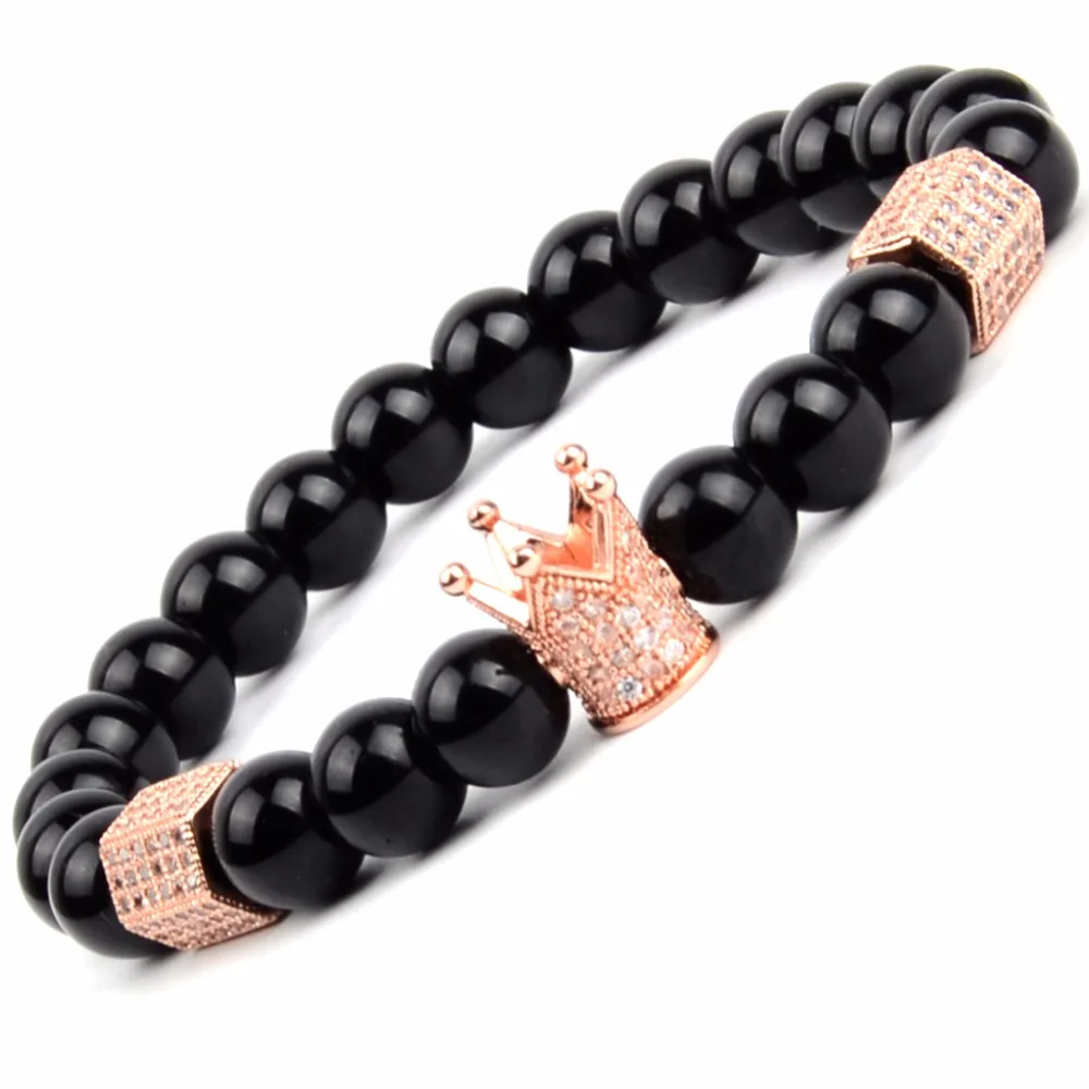 Женские браслеты с натуральным камнем черные Агаты из розового золота фианитами