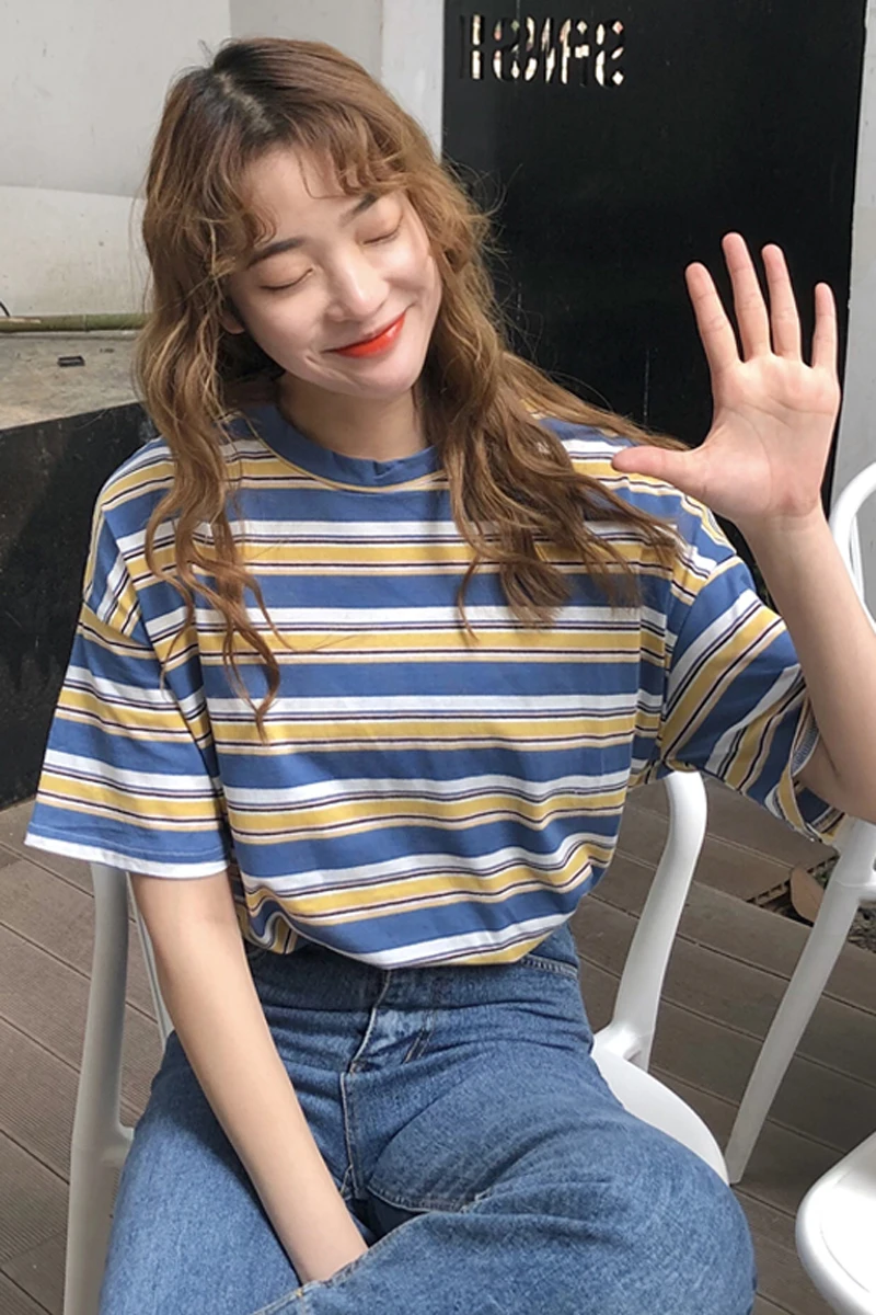 Женские полосатые футболки в Корейском стиле летние хлопковые для ленивых