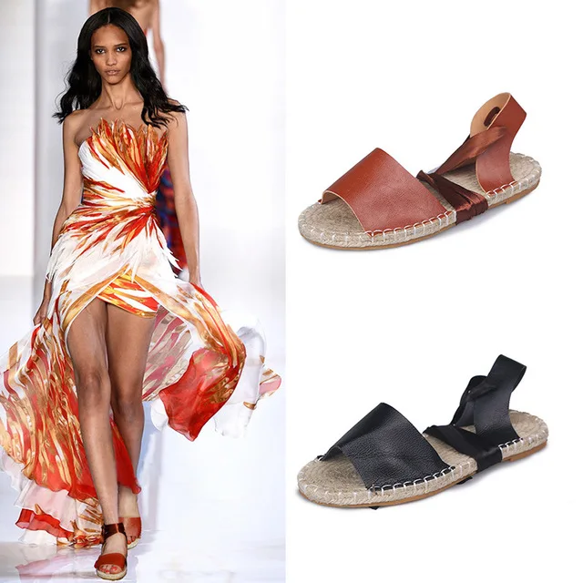 Летняя женская модная обувь на соломенной подошве с открытым носком плоской