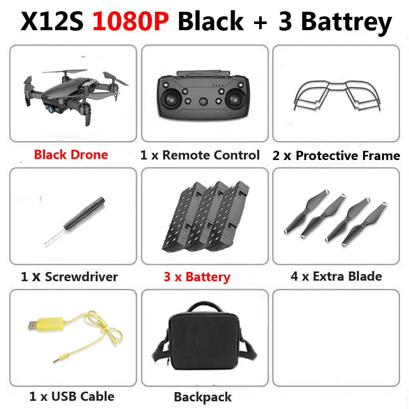 1080P Black 3B Bag X12S Wi-Fi FPV мини складной Дрон Двойная камера 1080P 4K оптический поток воздушная видео профессиональный Радиоуправляемый квадрокоптер Вертолет игрушка SG106 - Цвет: 1080P Black 3B Bag