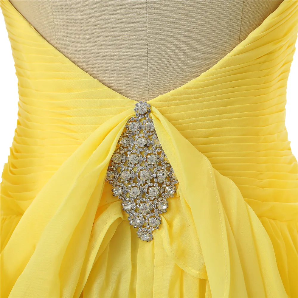 

Yellow Prom Dresses A-line Cap Sleeves Chiffon Crystals Open Back Women Long Prom Gown Evening Dresses Robe De Soiree