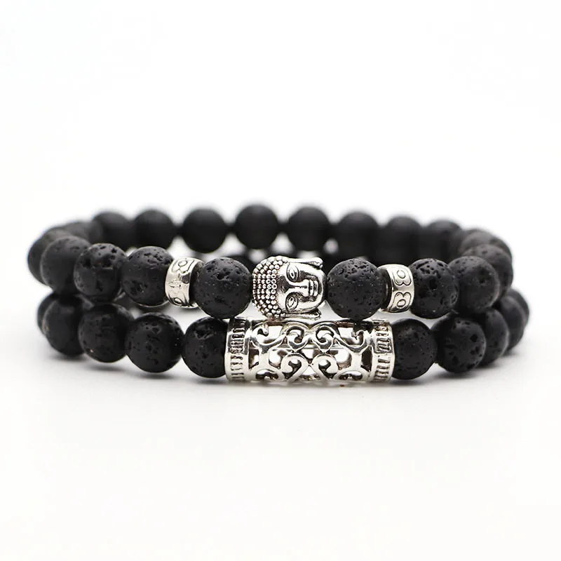 Платиновое покрытие 2pcs set Black Lava Stone Prayer Beads Buddha Men Bead Bracelet Beaded Bracelets for Women and Mens Pulseras Masculina - Окраска металла: Платиновое покрытие