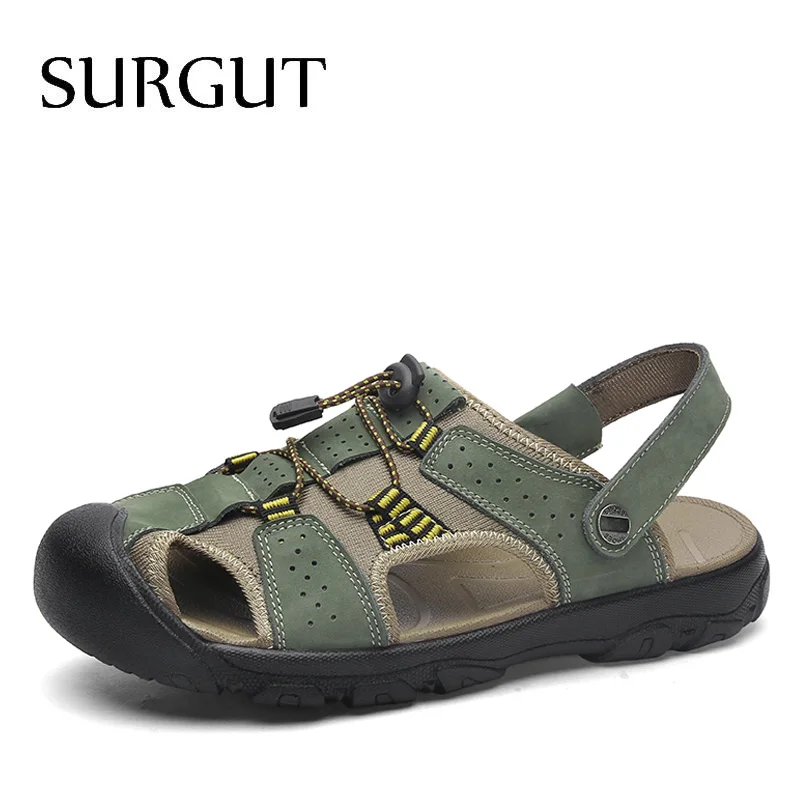 Green Khaki Сургутские сандалии; Мужская обувь; Новинка года; гладиаторы в римском стиле; мужская пляжная Повседневная обувь; летние уличные сандалии из натуральной кожи; большие размеры 38-50 - Цвет: Green Khaki