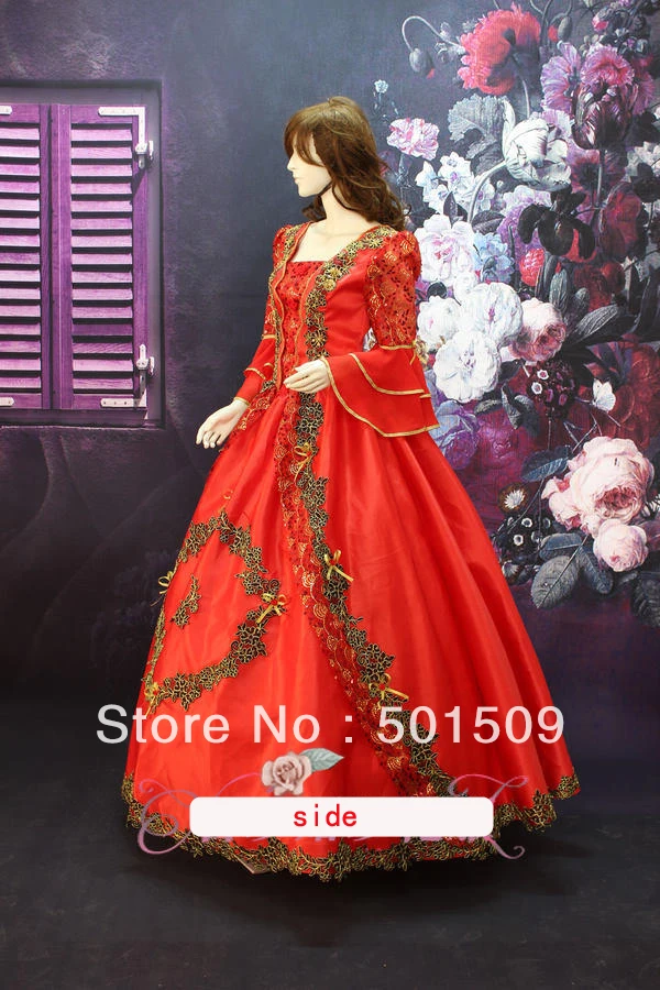 Красное средневековое роскошное платье с вышивкой эпохи Возрождения