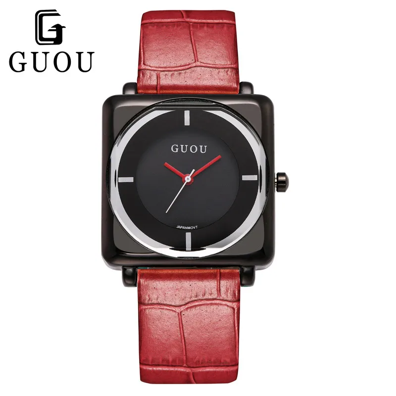 GUOU Square Dial Wrist Watches for Women Fashion Casual Dress Simple Leather Quartz Ladies Wristwatch Clock zegarki damski Black | Наручные