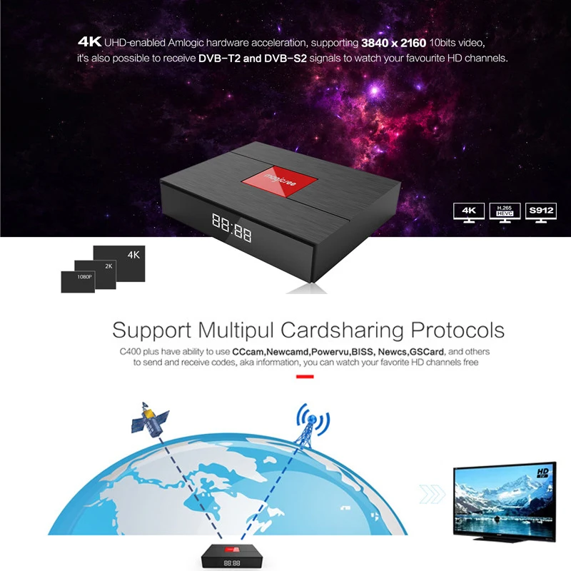 Magicsee C400 плюс Android ТВ Box 4 K Amlogic S912 Восьмиядерный 3 Гб оперативной памяти 32 Гб ПЗУ Smart ТВ Box двойной WiFi BT4.1 DVB-S2 HD медиаплеер