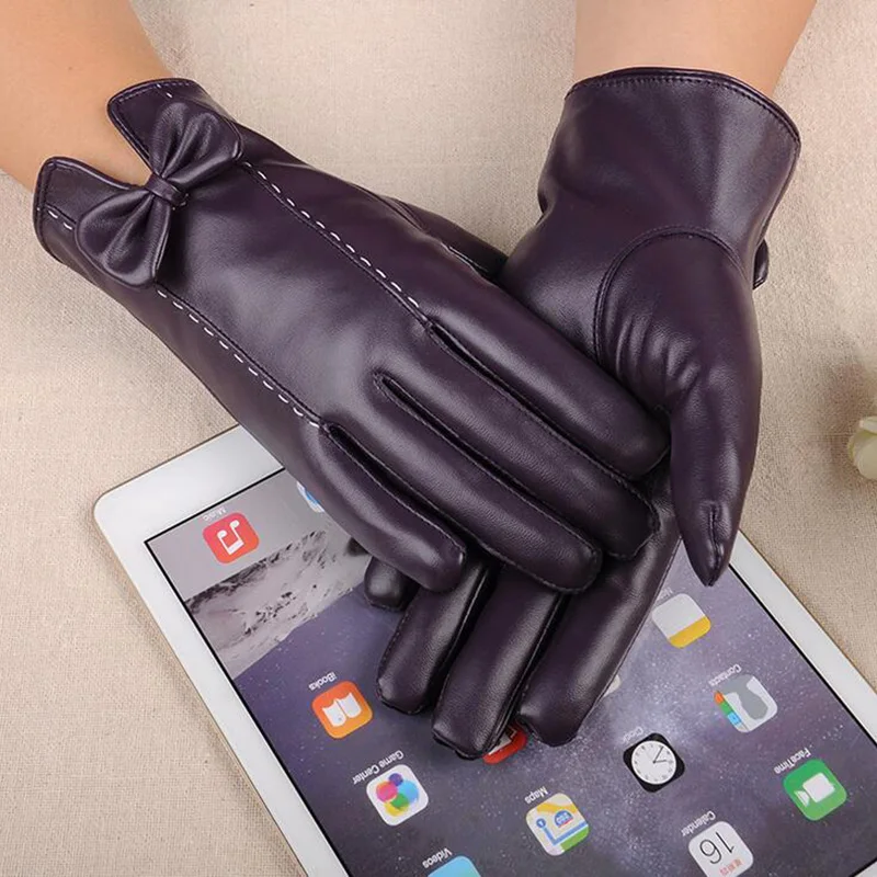 

Elegant Ladies Short Washed Leather Full Finger Touch Screen Gloves Women Winter Plus Velvet Thickening Warm Bow Tie Gloves L50